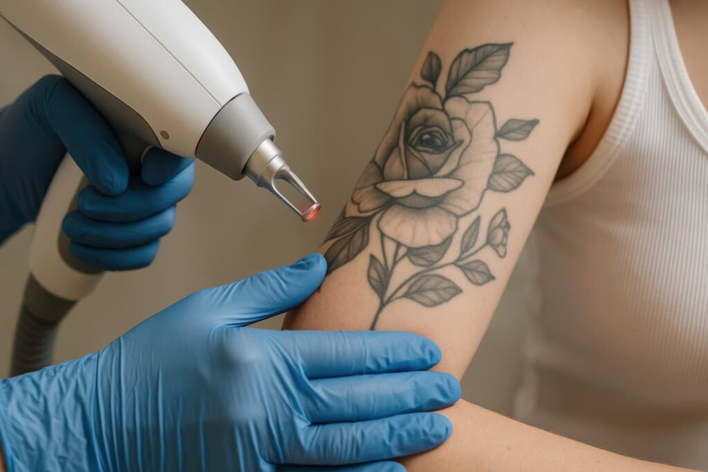 Focused woman undergoing laser tattoo removal procedure at clinic. Dermatologist using device to erase floral tattoo on skin